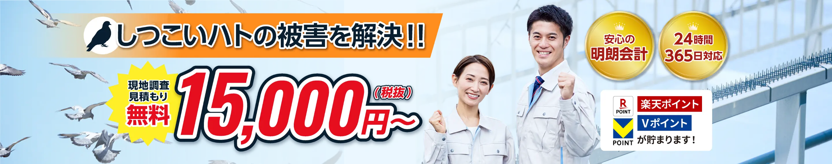 しつこいハトの被害を解決！現地調査見積もり無料 15,000円(税抜)～